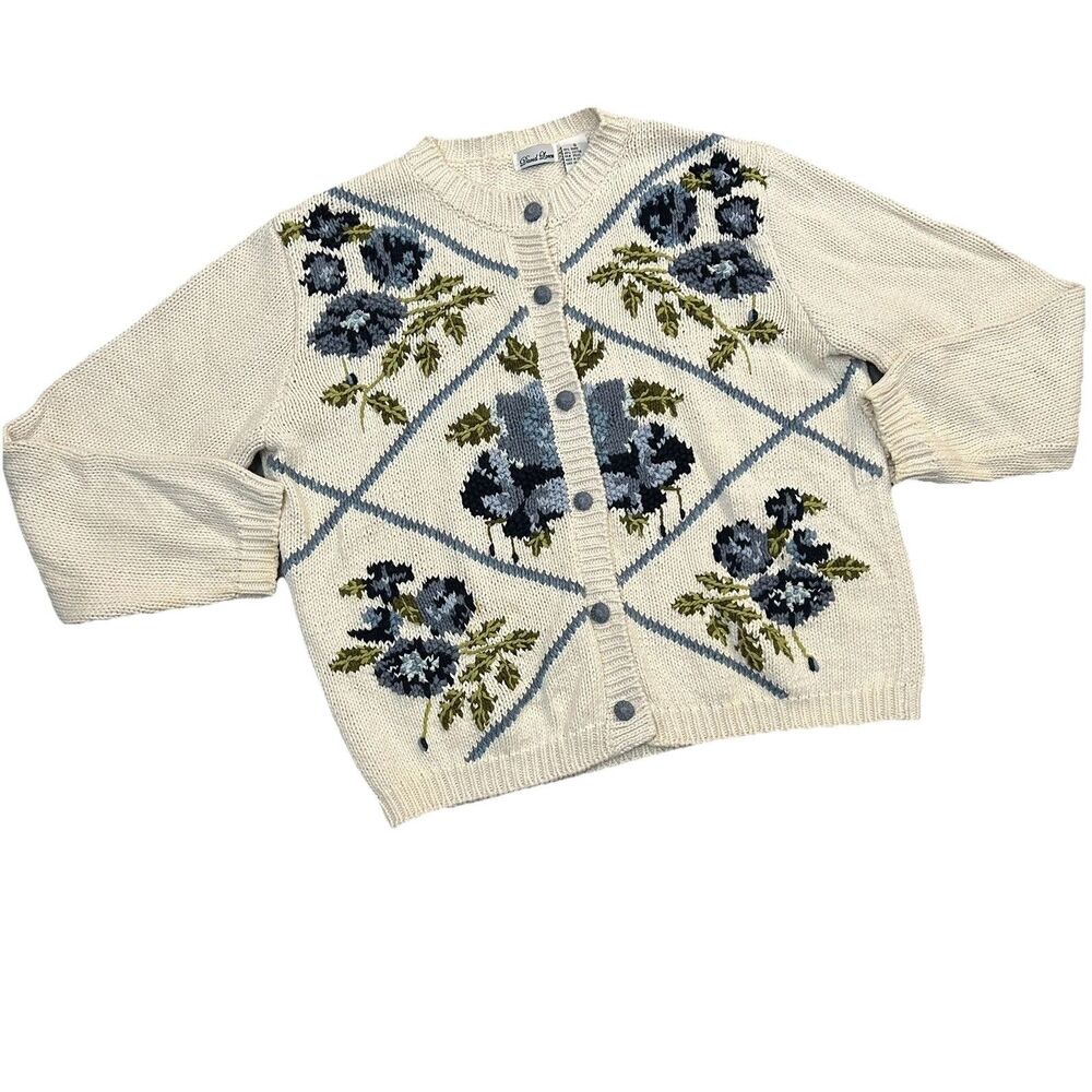 David Loren Floral Knit Embroidered Cardigan Sweater Ivory Cottagecore Grandma S